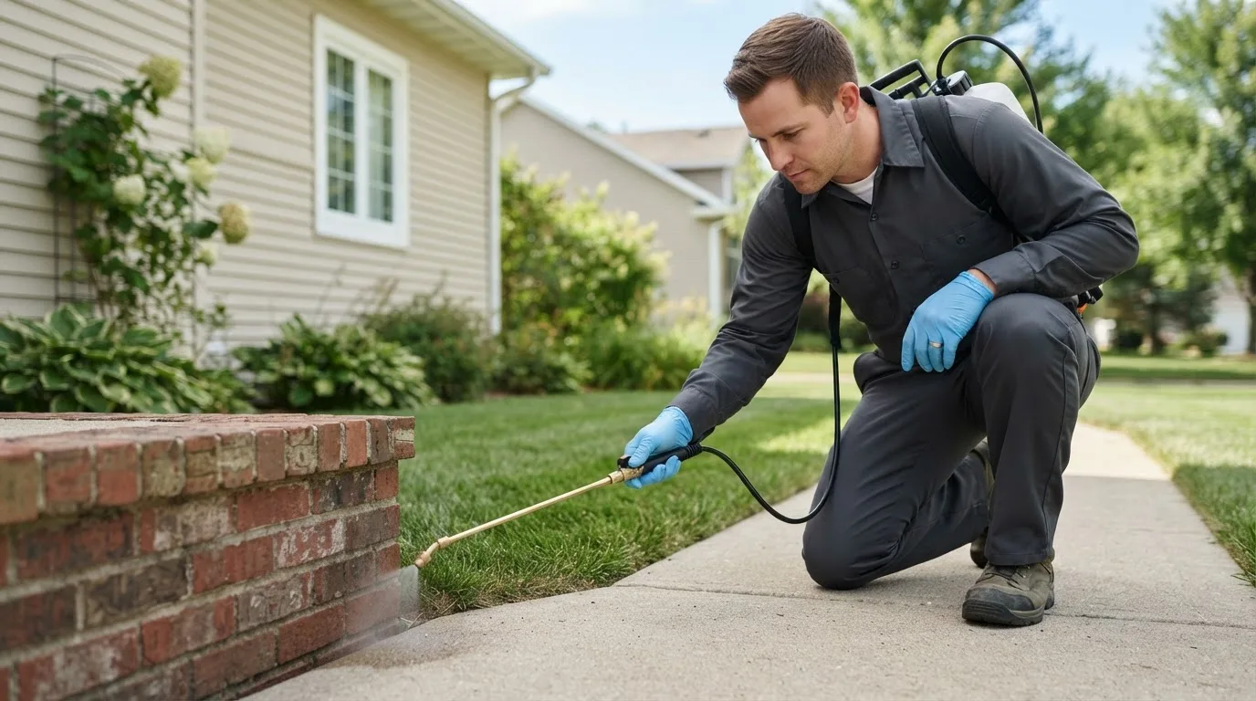 Pest control technician treating a home near Wren, OH