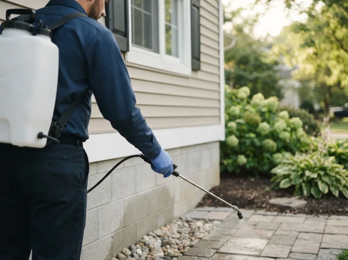 Pest control technician inspecting a home in Wren, OH